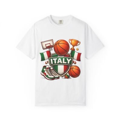 Italy Basketball T-Shirt — Italian Flag Sports Tee with Basketball, Hoop & Trophy