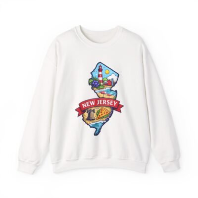 New Jersey State Map Crewneck Sweatshirt — Lighthouse, Boardwalk & Pizza Design