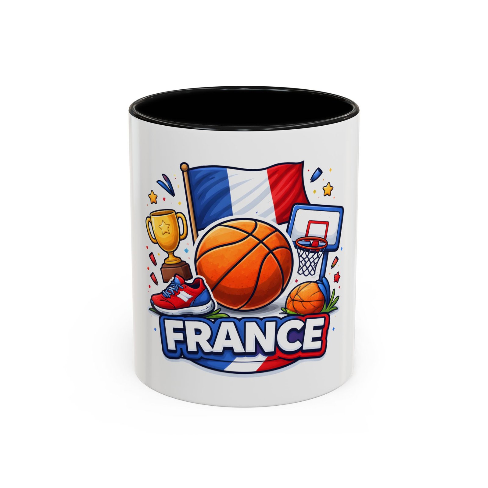 France Basketball Coffee Mug — French Flag, Basketball, Trophy Design (11/15 oz)