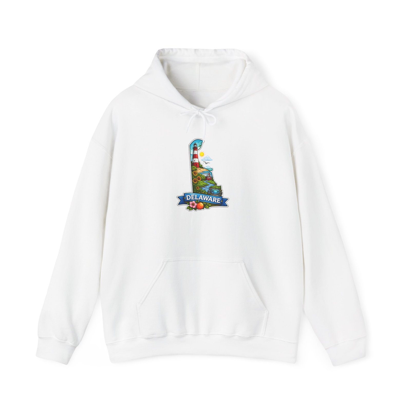 Delaware State Map Hoodie — Colorful Scenic Landmark Design