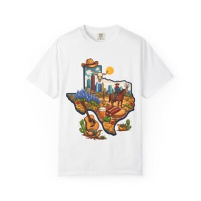 Texas Scene T-Shirt — Lone Star Cowboy, Bluebonnets & Guitar Graphic Tee