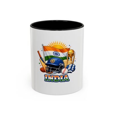 India Cricket Coffee Mug — 11/15oz Accent Mug with Indian Flag & Cricket Gear