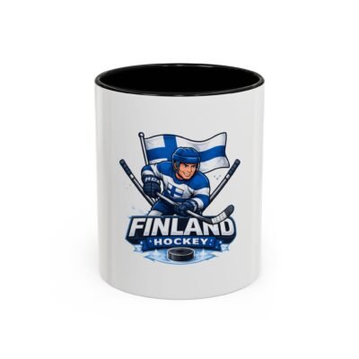 Finland Hockey Accent Coffee Mug – Finnish Flag Ice Hockey Player Design (11/15oz)
