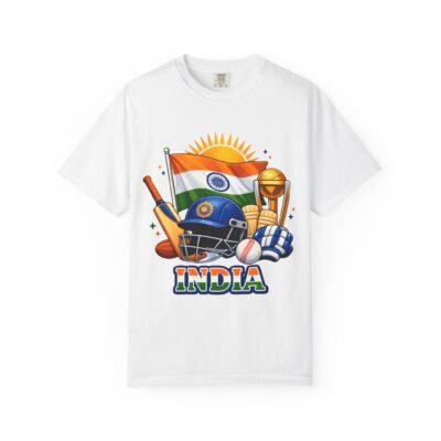 India Cricket Graphic T-Shirt — Indian Flag, Bat & Trophy Fan Tee