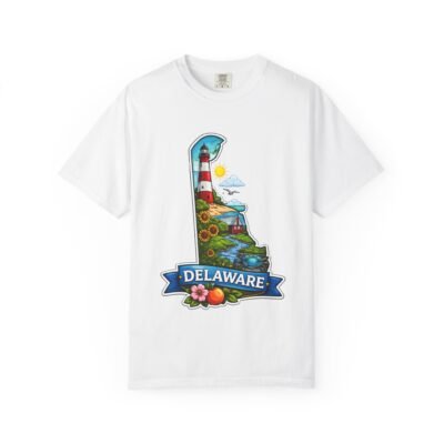 Delaware State Map T-Shirt — Coastal Lighthouse & Peach Scenic Graphic