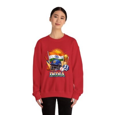 India Cricket Crewneck Sweatshirt – Indian Flag, Helmet & Trophy Design