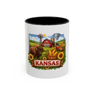 Kansas Farm Scene Accent Coffee Mug – Sunflowers, Buffalo & Cornfield Design (11/15oz)