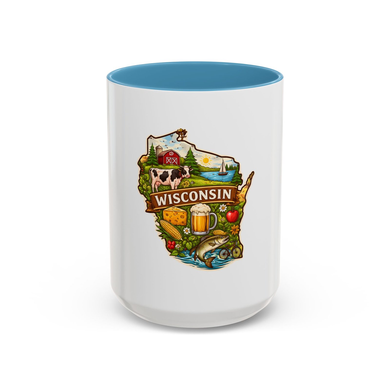 Wisconsin State Map Coffee Mug – Retro Cheese, Beer & Lake Icons Accent Mug - Image 37