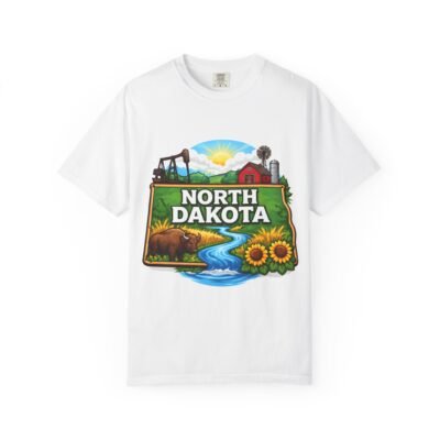 North Dakota State Pride T-Shirt — Scenic Landscape, Sunflowers & Bison Graphic