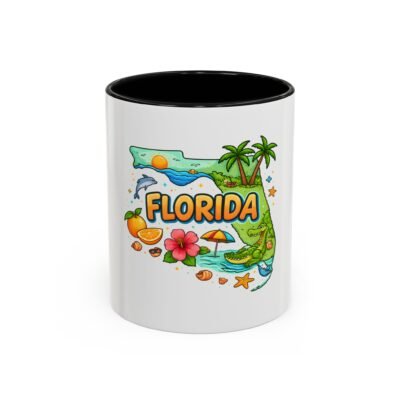 Florida Travel Coffee Mug — Tropical Beach, Palm Trees & Alligator Design (11/15oz)