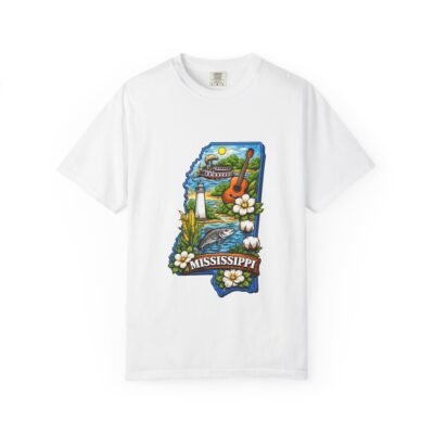 Mississippi State Map T-Shirt — Scenic Southern Landmarks & Guitar Design