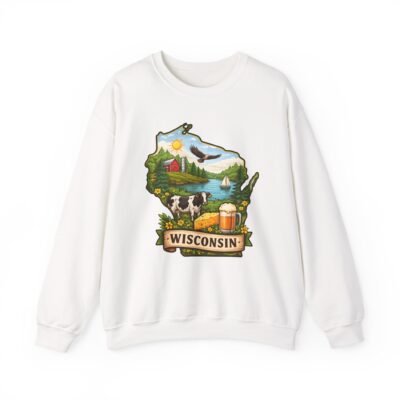 Wisconsin Scenic State Crewneck Sweatshirt — Retro Farm, Dairy & Lake Illustration