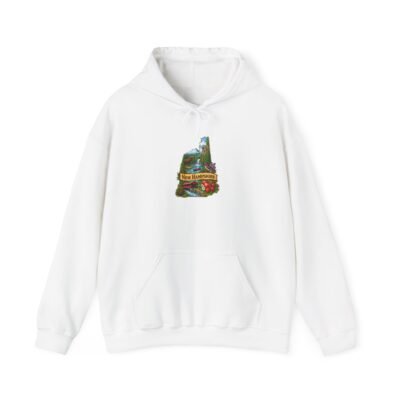 New Hampshire Scenic Hoodie — Vintage State Outline with Mountains & Lakes