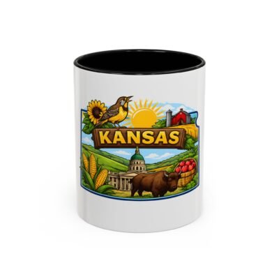Kansas State Scene Accent Coffee Mug – Scenic Sunflower, Buffalo & Farm Design (11/15oz)