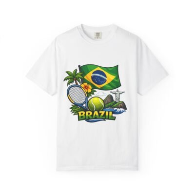Brazil Tennis Graphic T-Shirt — Rio Flag, Christ the Redeemer & Tropical Design