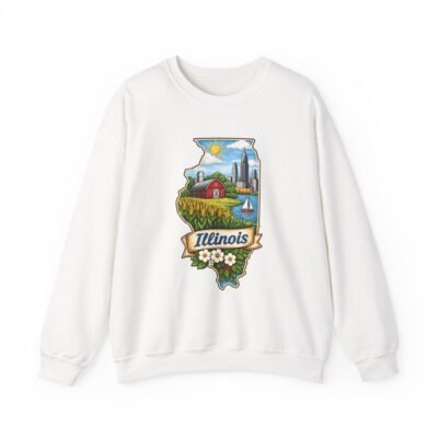 Illinois State Map Crewneck Sweatshirt — Scenic Farm & City Illustration