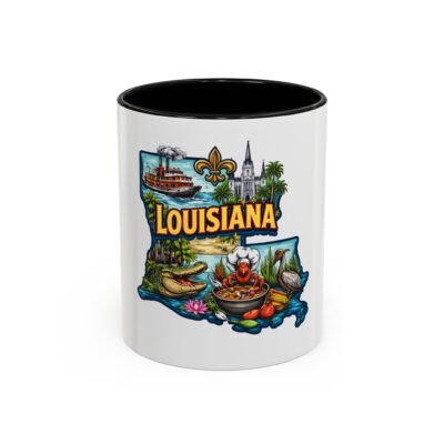 Louisiana State Souvenir Coffee Mug — Cajun Cuisine & Bayou Scene Accent Mug (11/15oz)