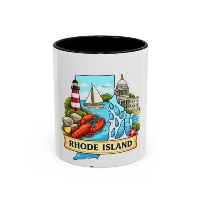 Rhode Island Souvenir Coffee Mug – Coastal Lighthouse, Lobster & State Capitol Design (11/15 oz)