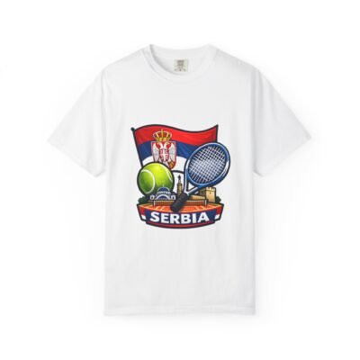 Serbia Tennis Crest T-Shirt — Serbian Flag, Racket & Ball Sports Tee