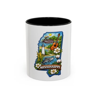 Mississippi State Map Accent Coffee Mug — Lighthouse, River & Guitar Souvenir (11/15oz)