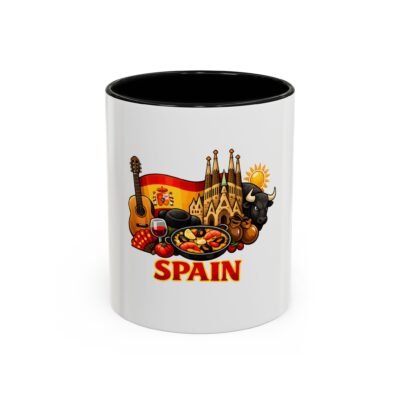 Spain Souvenir Coffee Mug - Spanish Paella, Guitar & Bull Design (11/15 oz)