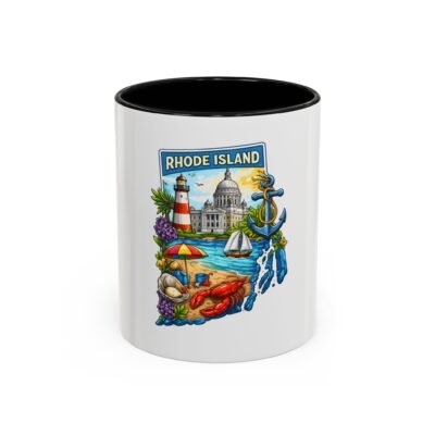 Rhode Island Scenic Accent Coffee Mug — Lighthouse, State Capitol & Coastal Icons (11/15oz)
