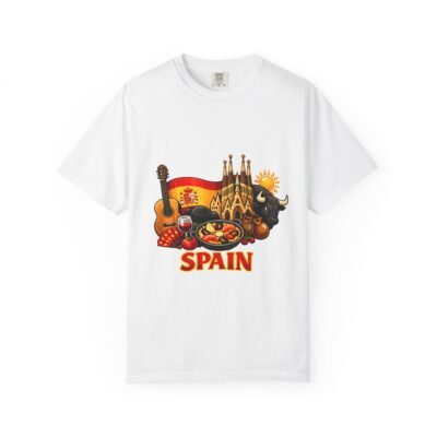 Spain Travel Graphic T-Shirt — Sagrada Familia, Flamenco & Paella Design