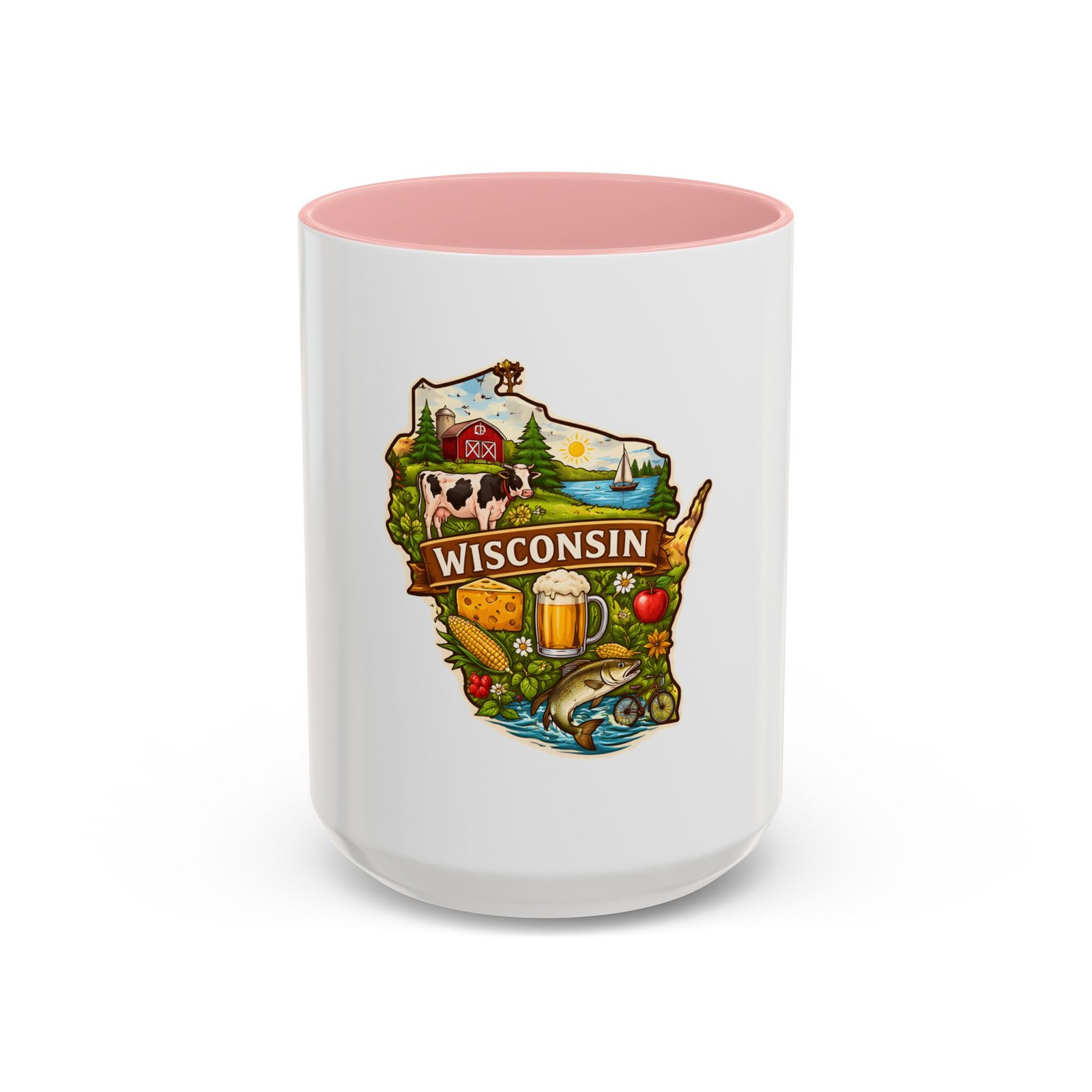 Wisconsin State Map Coffee Mug – Retro Cheese, Beer & Lake Icons Accent Mug - Image 25