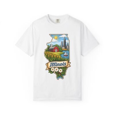 Illinois State Map T-Shirt — Scenic Midwest Landscape Tee (Chicago Skyline, Farmland & Lake)