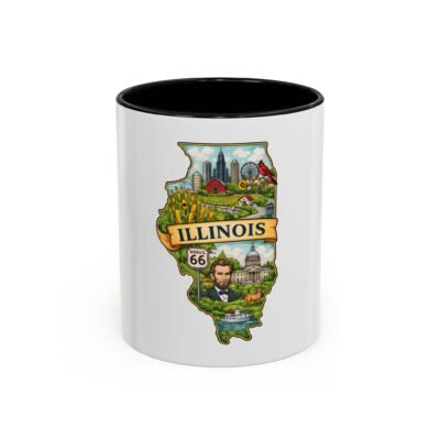 Illinois State Map Coffee Mug — Route 66, Lincoln & Chicago Skyline Accent Mug (11/15oz)
