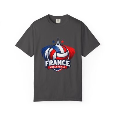 France Volleyball T‑Shirt – Tricolor Volleyball Crest with Eiffel Tower