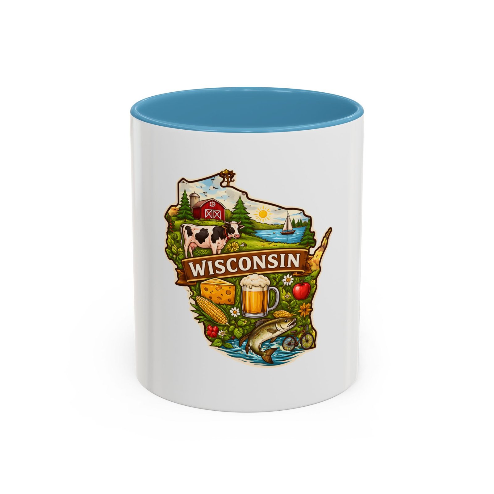 Wisconsin State Map Coffee Mug – Retro Cheese, Beer & Lake Icons Accent Mug - Image 33