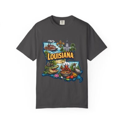 Louisiana State Map T-Shirt – Cajun Food, Bayou & New Orleans Icons
