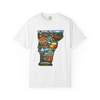 Vermont State Map Graphic T-Shirt — Scenic Landmarks & Maple Syrup Design