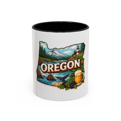 Oregon Scenic Coffee Mug – State Map Design with Mt. Hood, Lighthouse & Beer 11/15oz