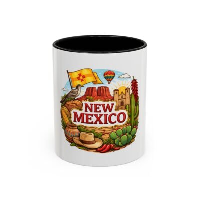 New Mexico Accent Coffee Mug – Southwestern Desert Scene with Flag, Hot Air Balloon & Cactus (11/15oz)
