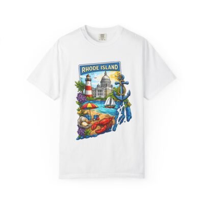 Rhode Island Coastal Scene T-Shirt — Lighthouse, Anchor & Beach Icons