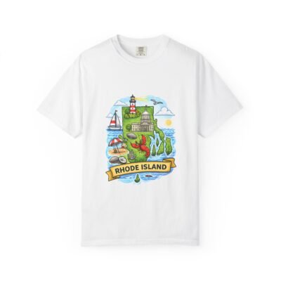 Rhode Island Scenic Map T-Shirt — Coastal Lighthouse & Beach Illustration