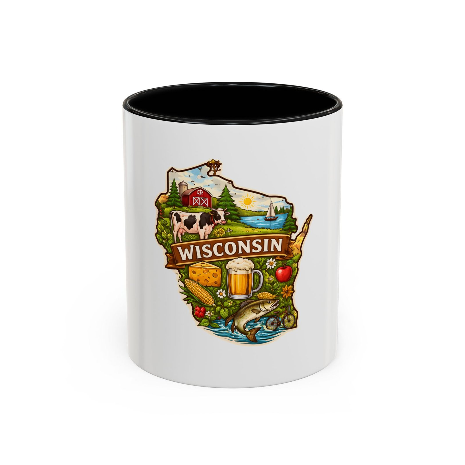 Wisconsin State Map Coffee Mug – Retro Cheese, Beer & Lake Icons Accent Mug