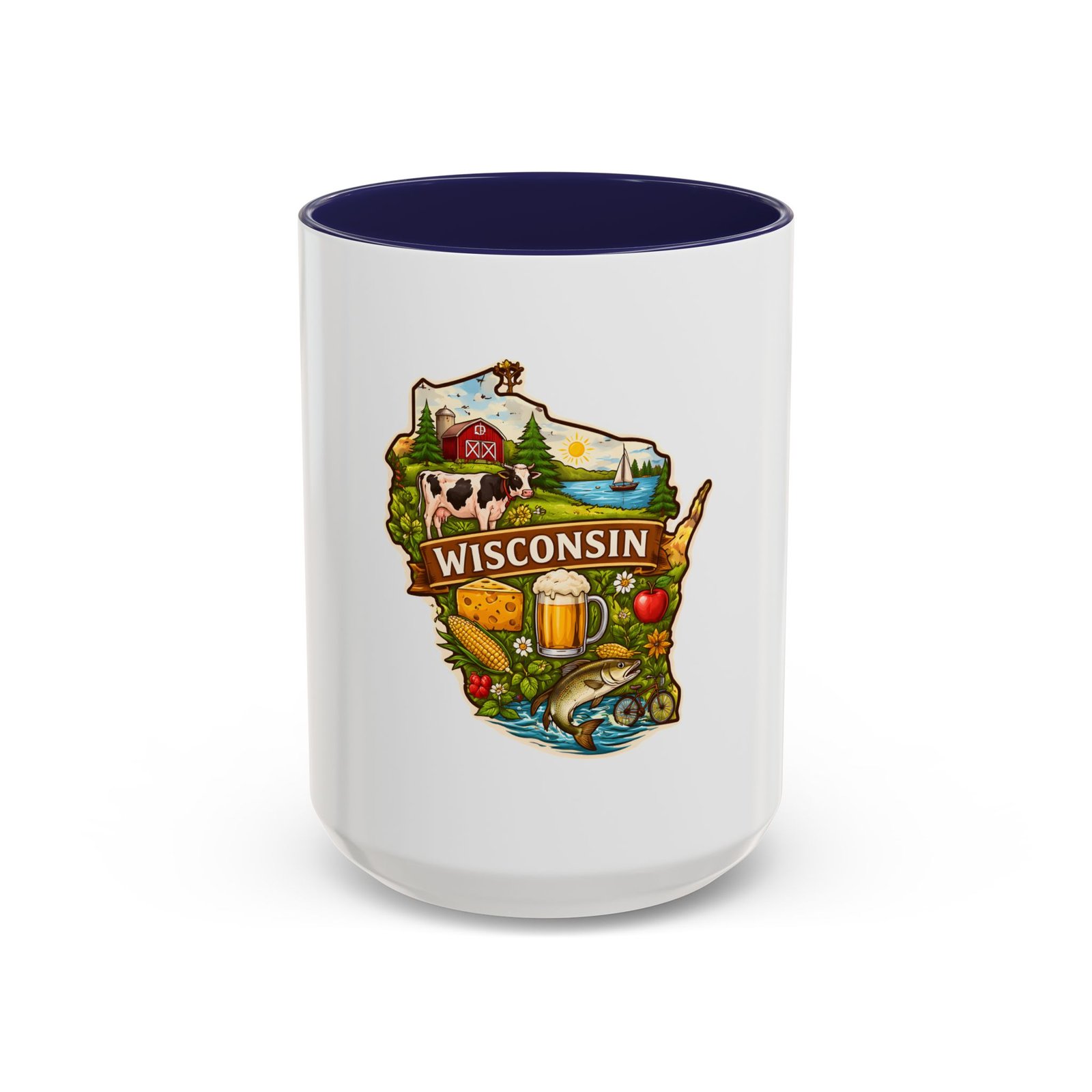 Wisconsin State Map Coffee Mug – Retro Cheese, Beer & Lake Icons Accent Mug - Image 21