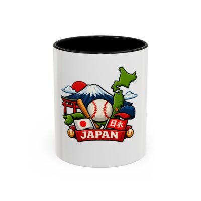 Japan Baseball Accent Coffee Mug — Mount Fuji, Torii & Baseball Design (11/15oz)