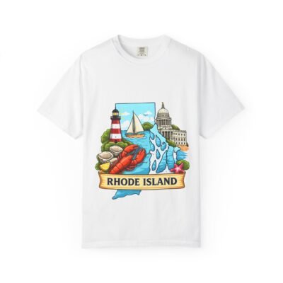 Rhode Island Coastal Icons T‑Shirt — Lighthouse, Lobster & State Map Graphic