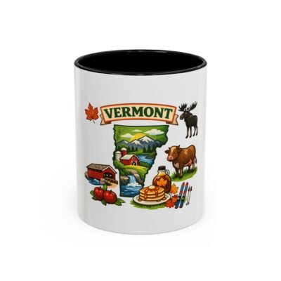 Vermont State Icons Coffee Mug — Maple Syrup, Covered Bridge & Moose Design (11/15oz)