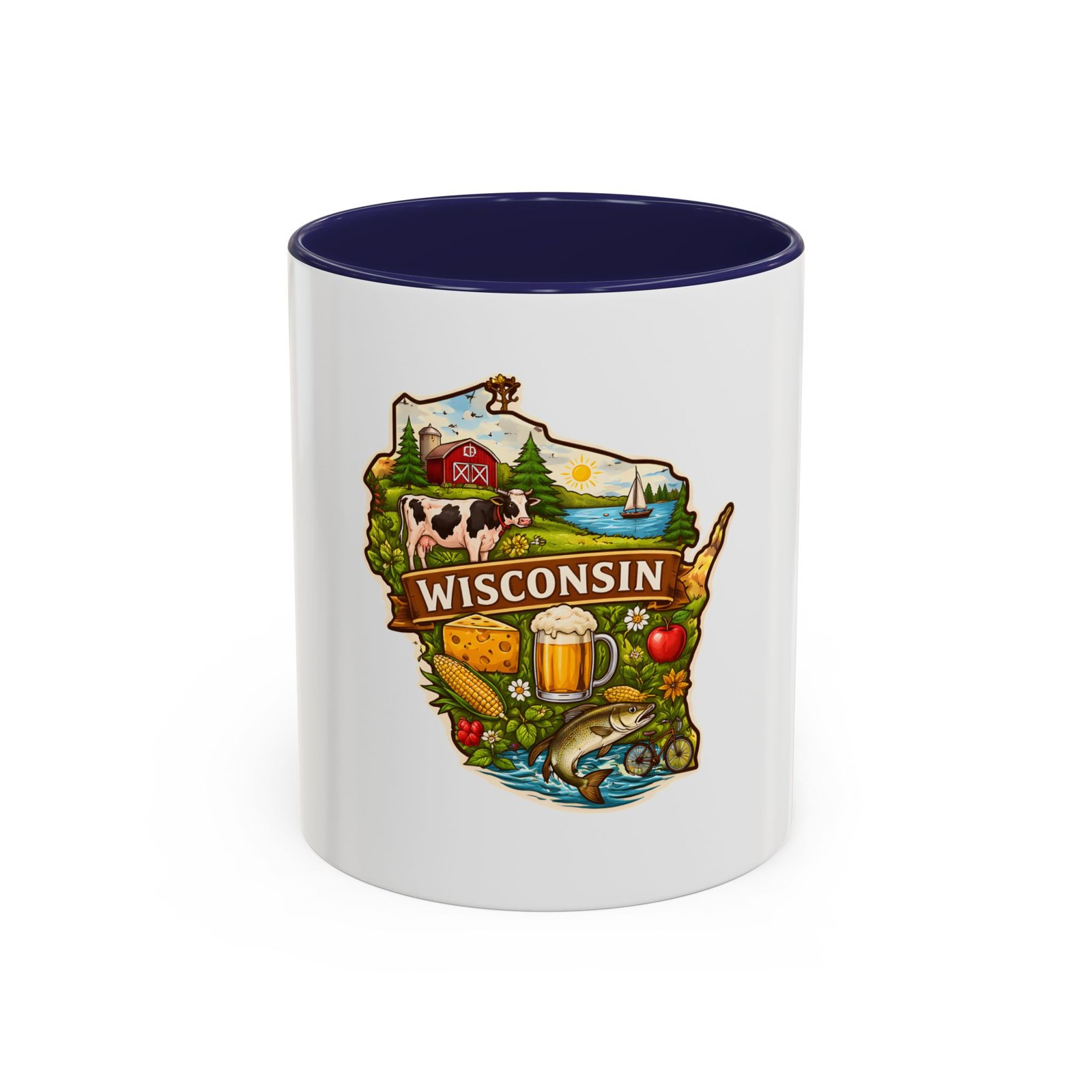 Wisconsin State Map Coffee Mug – Retro Cheese, Beer & Lake Icons Accent Mug - Image 5