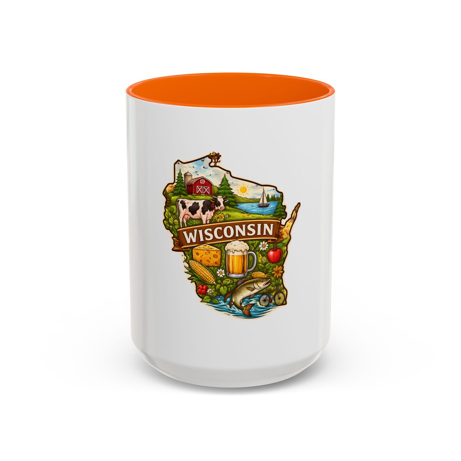 Wisconsin State Map Coffee Mug – Retro Cheese, Beer & Lake Icons Accent Mug - Image 49
