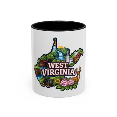 West Virginia Coffee Mug — State Map Design with Waterfall, Deer & Rhododendron (11/15oz)