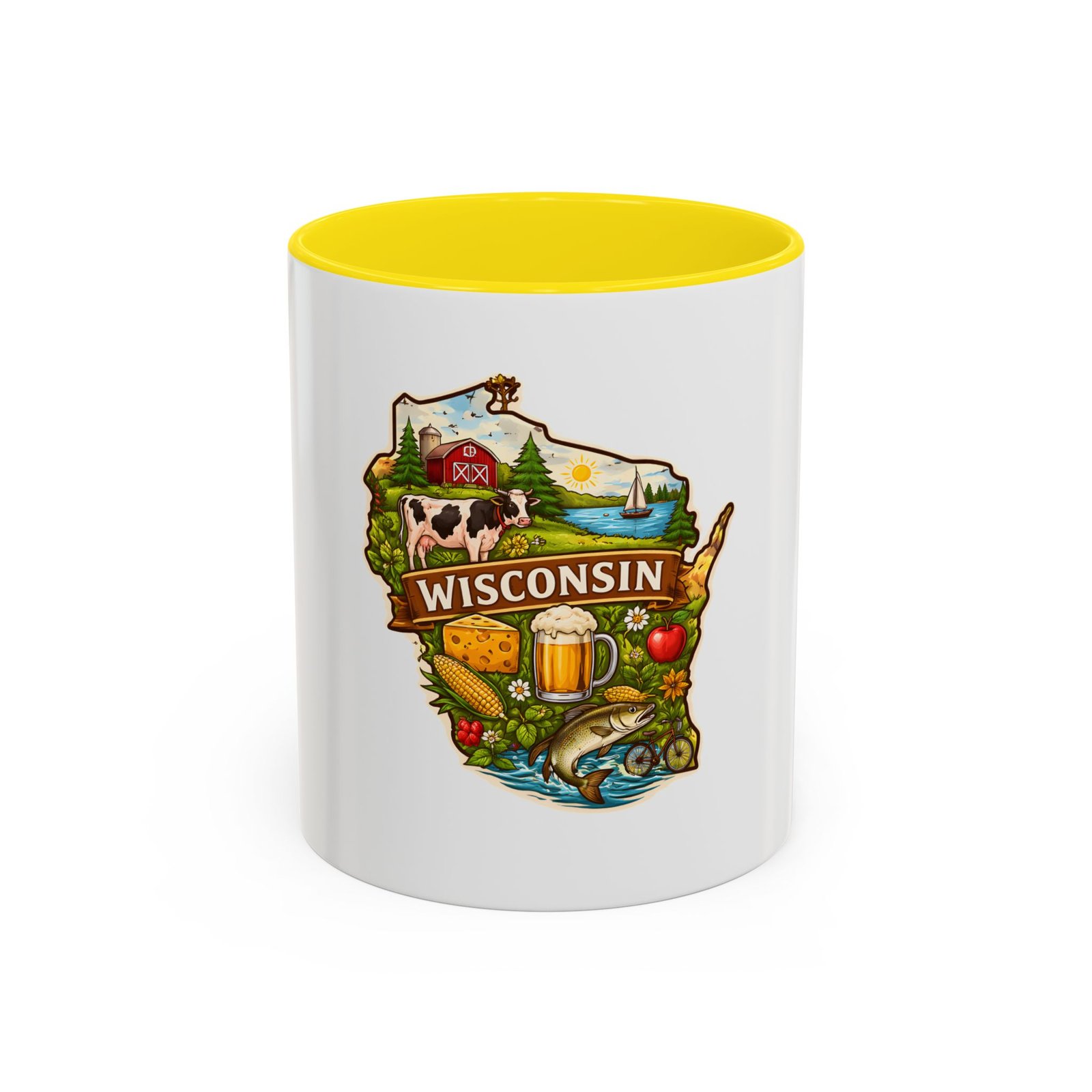 Wisconsin State Map Coffee Mug – Retro Cheese, Beer & Lake Icons Accent Mug - Image 45