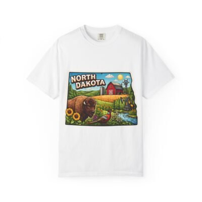 North Dakota Scenic T-Shirt — Rustic Buffalo, Barn & Sunflower State Design