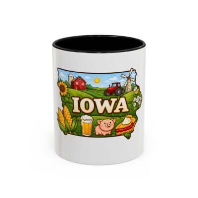 Iowa State Scene Accent Coffee Mug — Corn, Farms & Porkchop Travel Souvenir (11/15oz)