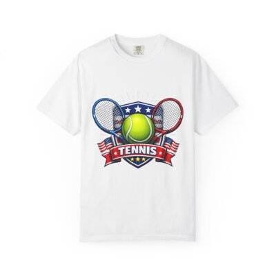 American Tennis Badge Graphic T-Shirt — Patriotic Tennis Racket & Ball Design